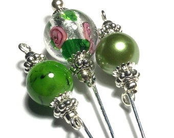 3 x 4" Green Silver Hat Pins, Vintage Style, Glass Beads  (HPSet 1-14)