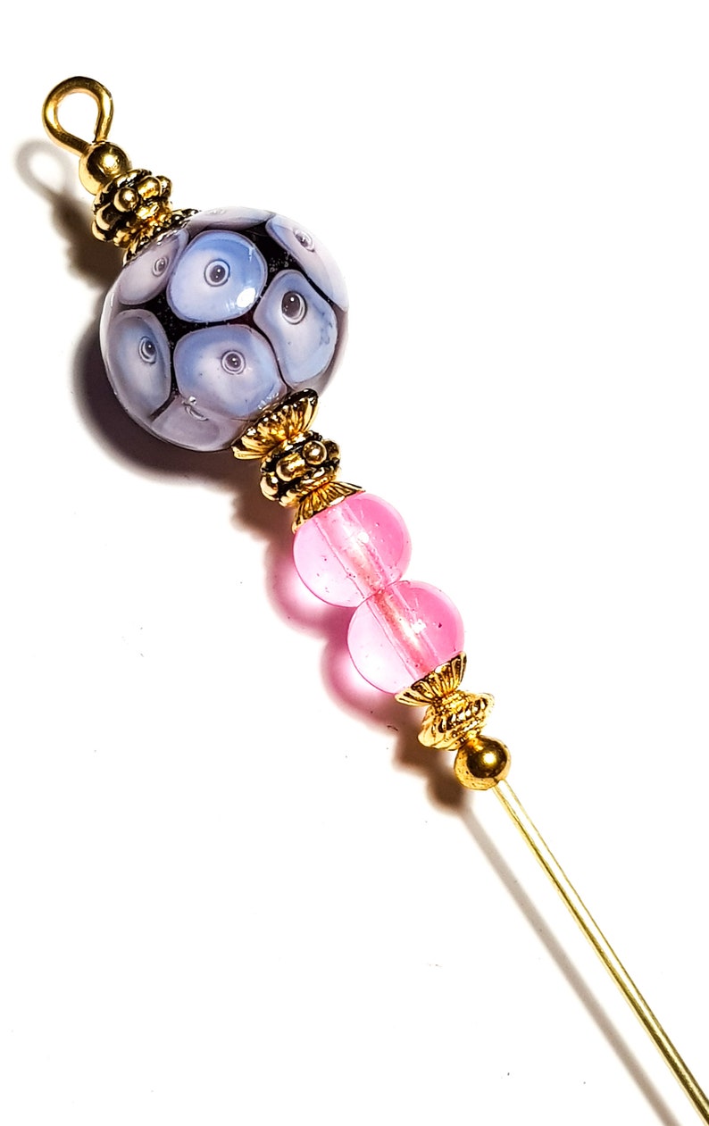 With End Protector Handmade Lampwork Glass Bead 5 Gold Blue Pink Purple Hat Pin