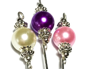 Hatpin Set Pack of Three 4" Silver Hat Pins, Glass Pearl, Pink, Purple, Ivory Cream