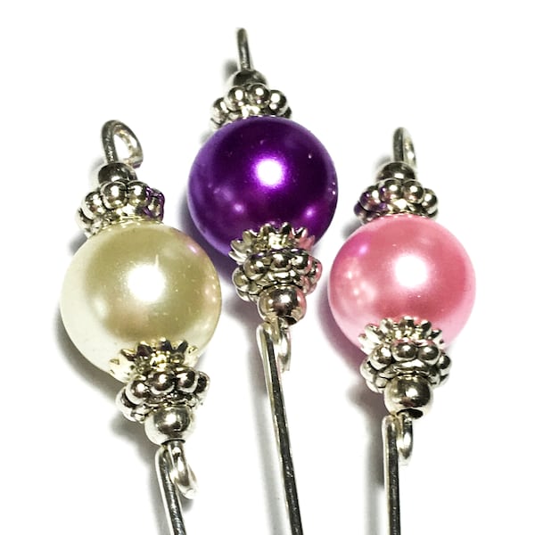 Hatpin Set Pack of Three 4" Silver Hat Pins, Glass Pearl, Pink, Purple, Ivory Cream