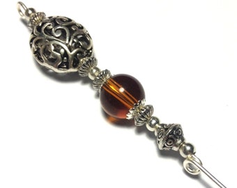 6" Amber Glass Bead Hat Pin Vintage Tibetan Antique Silver Style - With Pin Protector