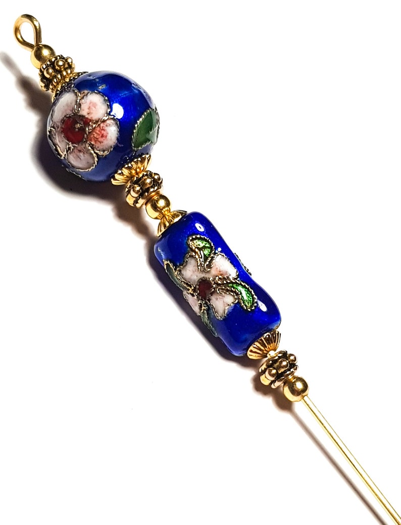 With End Protector 5 Gold Blue Hat Pin Cloisonn\u00e9 Chinese Enamel Bead