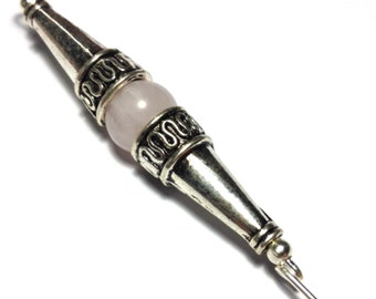 6" Pink Rose Quartz Gemstone Hat Pin Vintage Tibetan Antique Silver Style - With Pin Protector