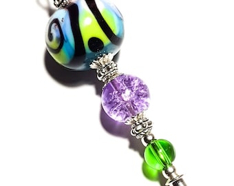 6" Turquoise Green & Purple Glass Bead Hat Pin Vintage Antique Silver Style - With Pin Protector