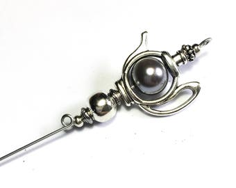 6 « Silver Teapot Grey Glass Pearl Bead Antique vintage Style Hatpin Strong Pin plus Protecteur