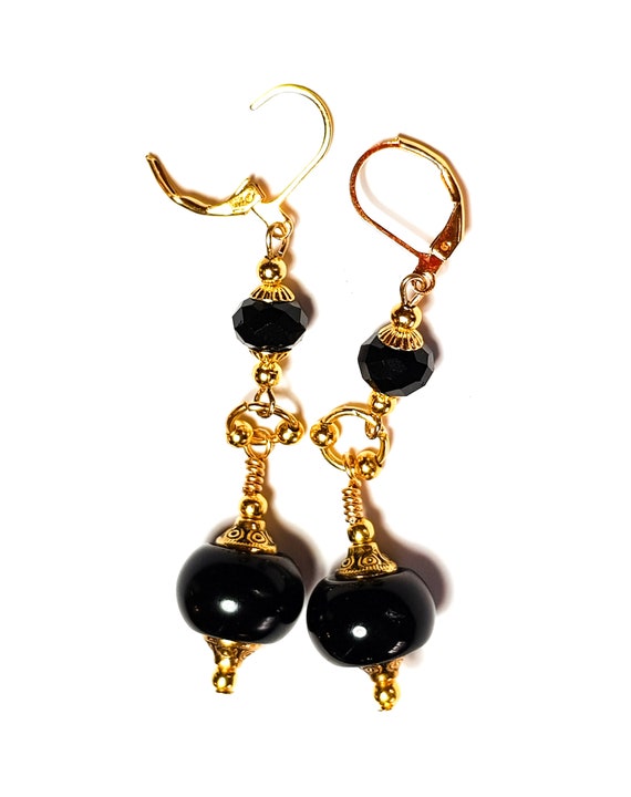 Beautiful Hand Crafted Long Gold Black Glass Bead Earrings Choice of 3  Fittings - Etsy