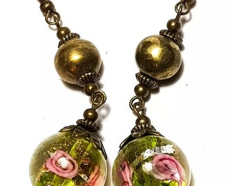 Long Bronze Green & Pink Glass Bead Earrings Pierced or Clip-On