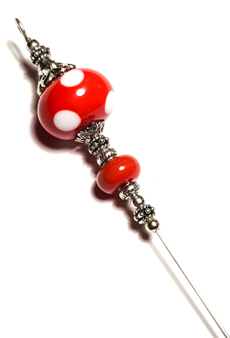 6 Silver Coral /& White Spotted Glass Bead Hat Pin Handmade Lampwork With End Protector