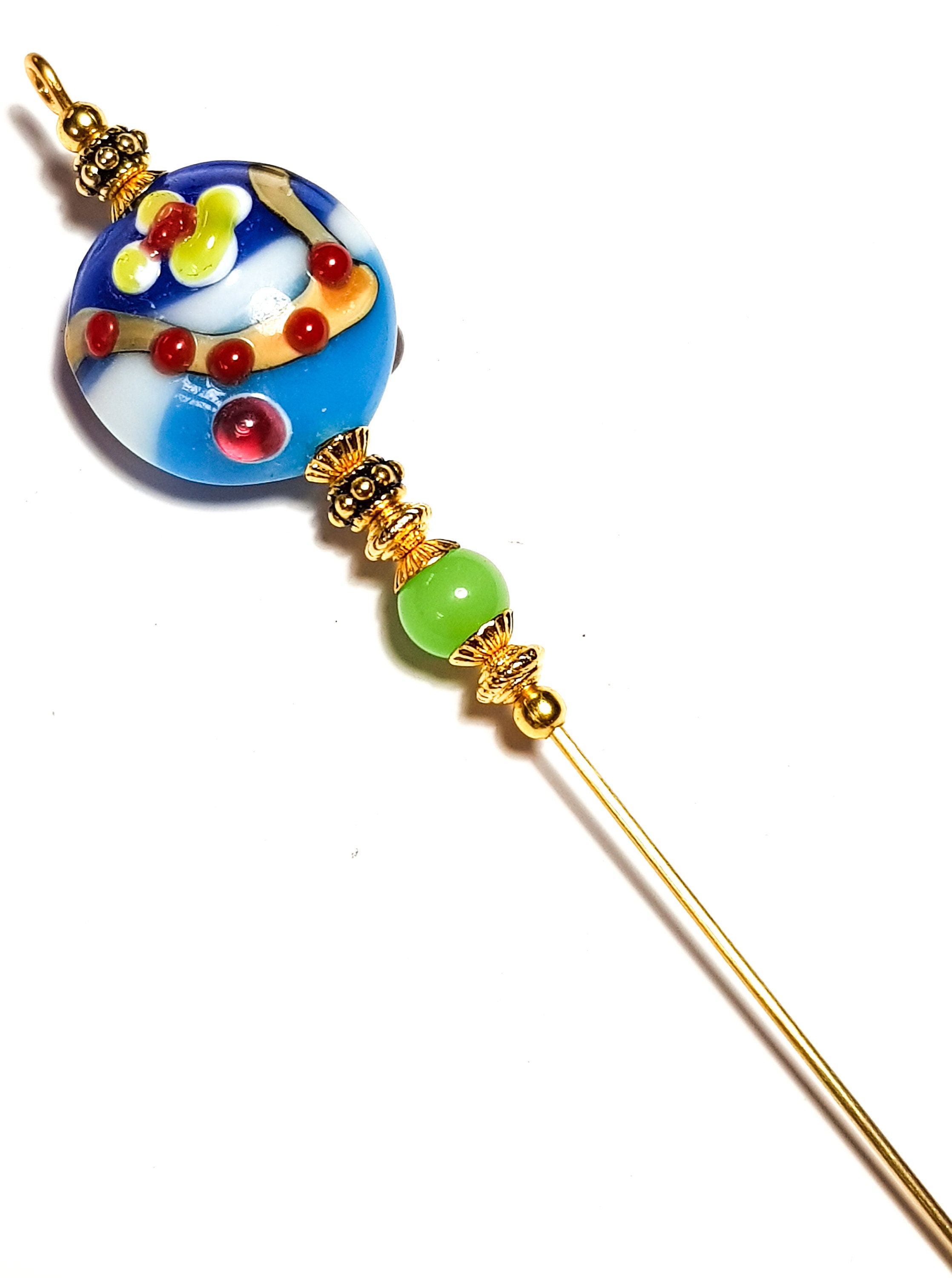 With End Protector Handmade Lampwork Glass Bead 5 Gold Blue Pink Purple Hat Pin