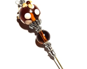 6" Brown & Cream Glass Flower Bead Hat Pin Vintage Antique Silver Style - With Pin Protector