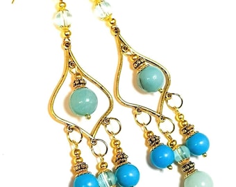 Very Long Gold Turquoise Chandelier Gemstone Bead Earrings Pierced Hooks, Leverbacks or Clip-On Non-Pierced