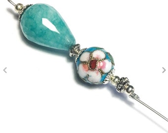 6" Silver Turquoise Antique Vintage Style Hatpin Strong Pin plus Protector