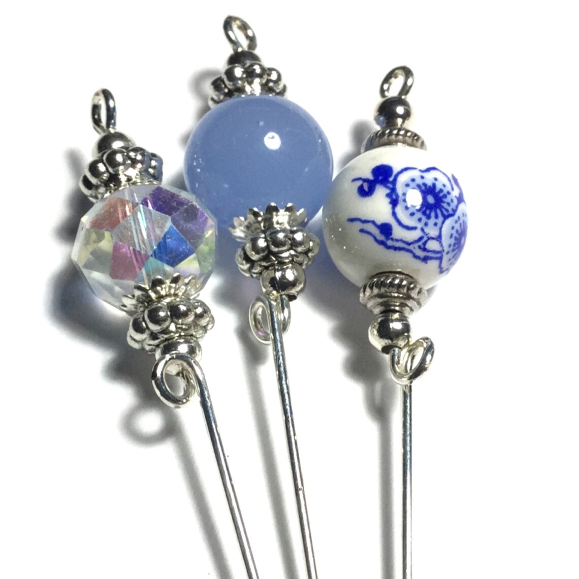 3 X 4 Silver Hat Pins Vintage Style Blue & Clear Glass Etsy