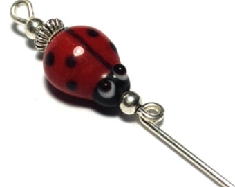 6" Red Glass Ladybird Hat Pin Vintage Antique Silver Style - With Pin Protector