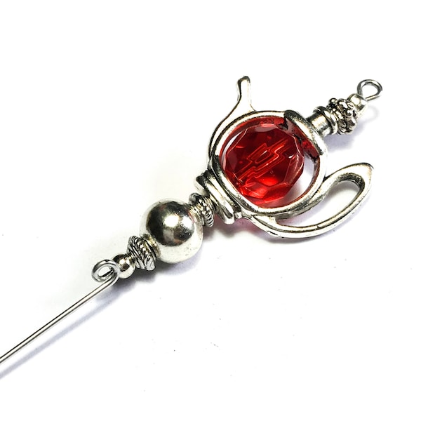 6 « Silver Teapot Red Glass Bead Antique vintage Style Hatpin Strong Pin plus Protecteur