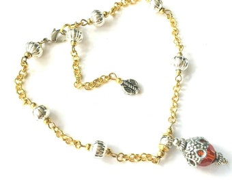 Red Glass Bead Silver & Gold Plated Chain Anklet Ankle Bracelet Foot Jewellery