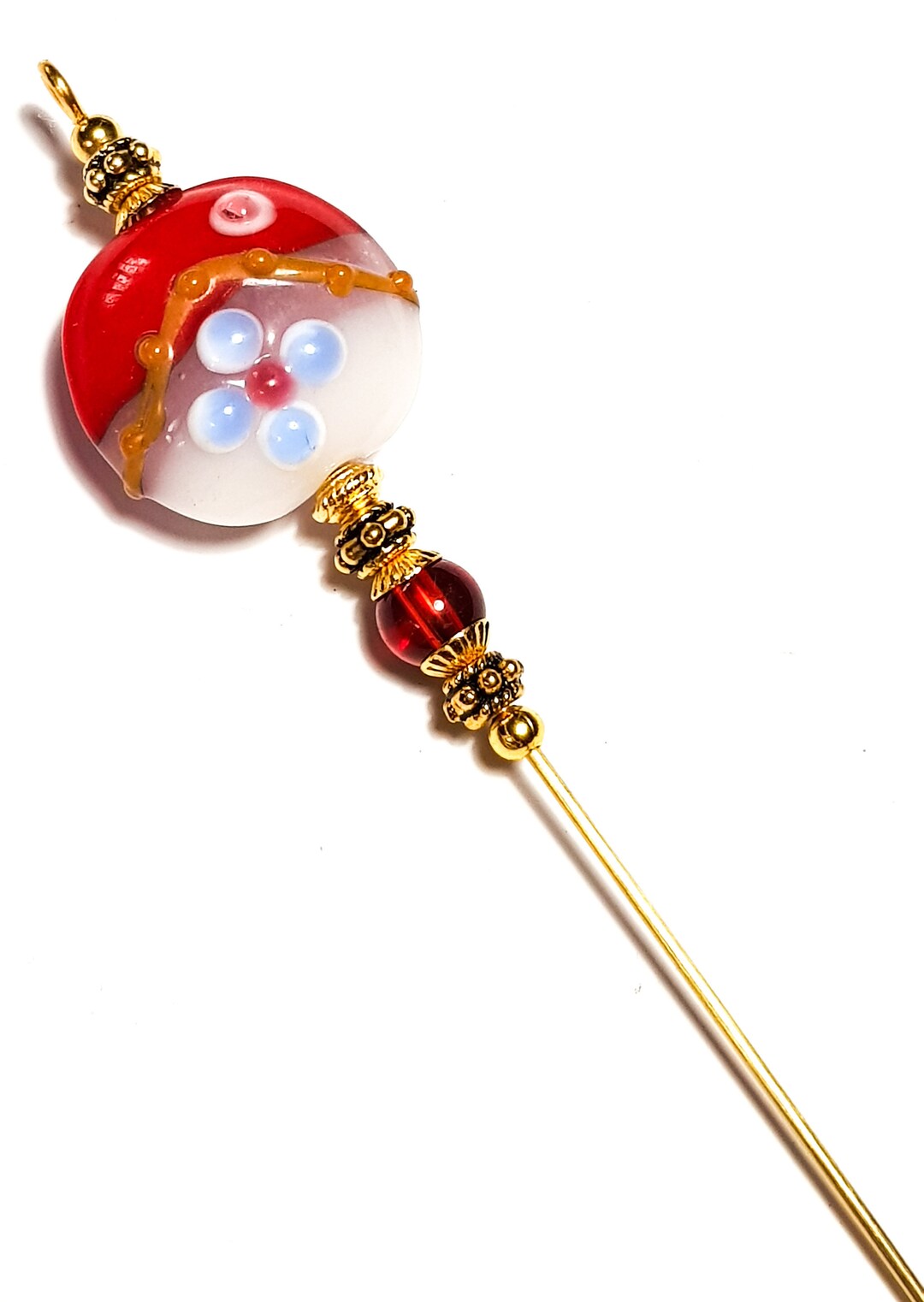 5 Gold Blue Red Hatpin Handmade Lampwork Glass Flower Bead With End