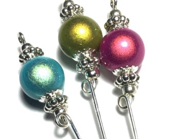 3 x 4" Silver Hat Pins, Miracle, Illusion Bead, Pink, Turquoise & Green (HPSet 1-4)