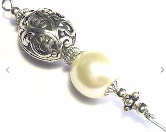 6" Silver Ivory Glass Pearl Bead Antique Vintage Style Hatpin Strong Pin plus Protector