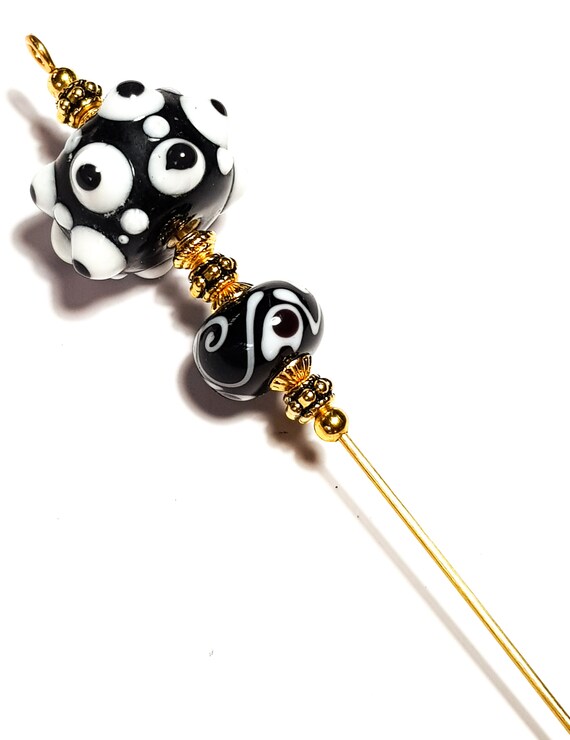With End Protector Handmade Lampwork Glass Bead 5 Gold Blue Pink Purple Hat Pin