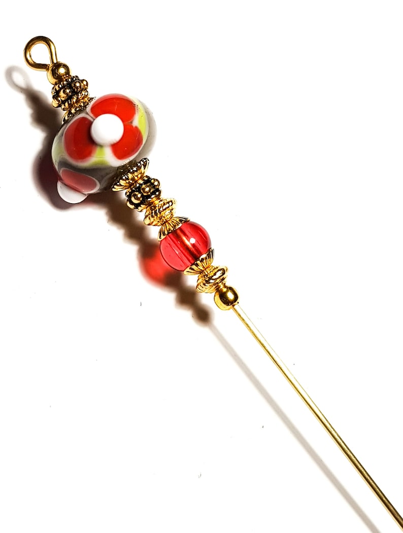 5 Gold Coral /& White Grey Hatpin Handmade Lampwork Glass Flower Bead With End Protector