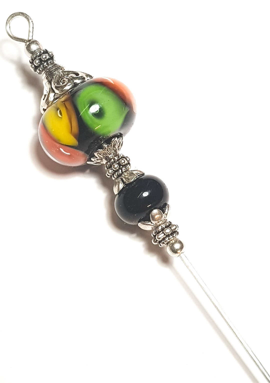 6 Silver Handmade Lampwork Multicoloured Glass Bead Hat Pin With