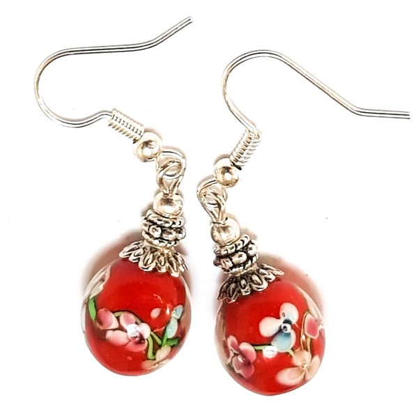 Silver Plated Red Encased Lampwork Glass Bead Earrings Pierced or Clip-On