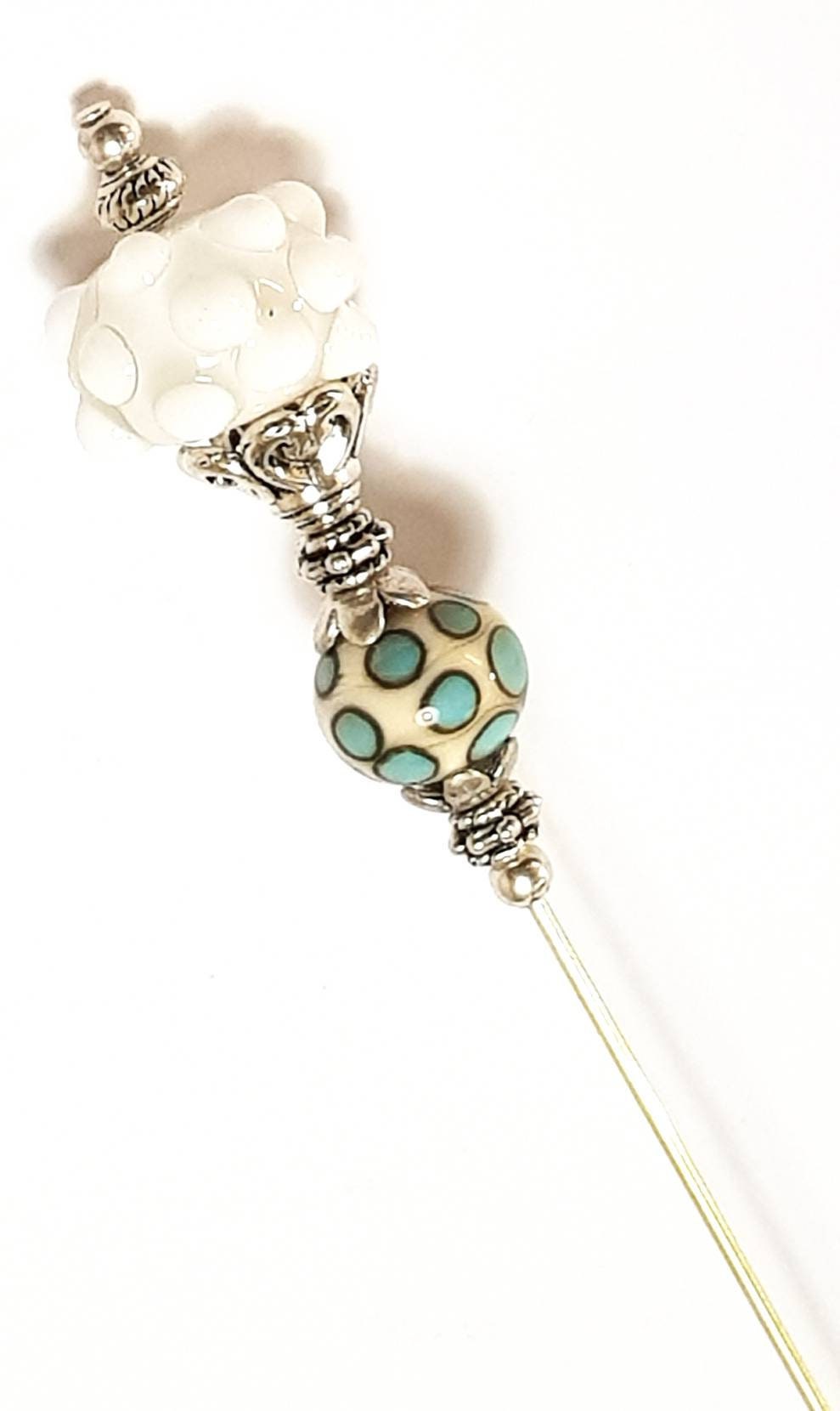 6 Cream White & Turquoise Hat Pin Handmade Lampwork Etsy UK