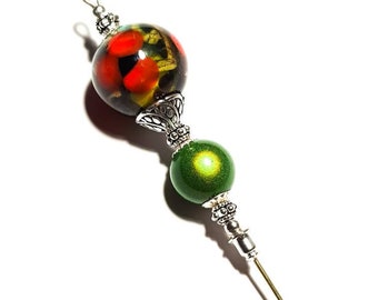 6" Red & Green Glass Flower Bead Hat Pin Vintage Antique Silver Style - With Pin Protector