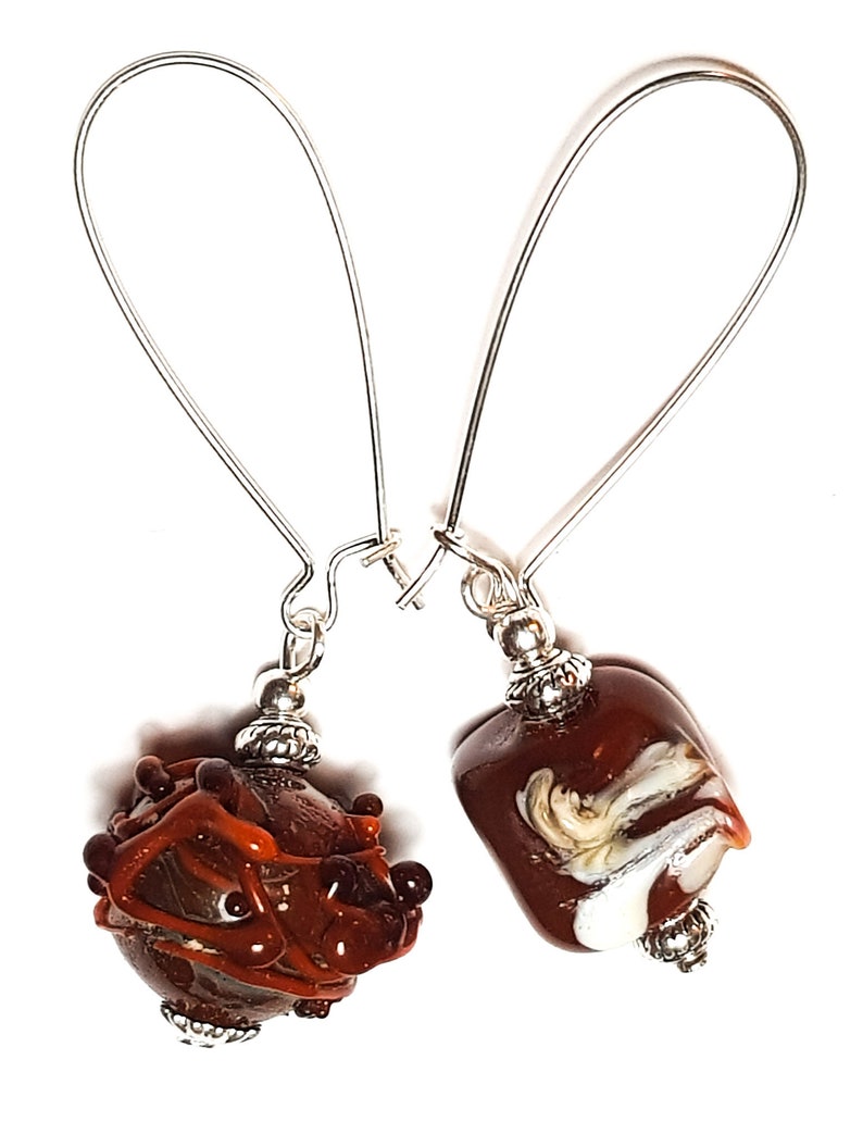 Long Handmade Silver Odd Sweetie Chocolates Lampwork Glass Bead Earrings