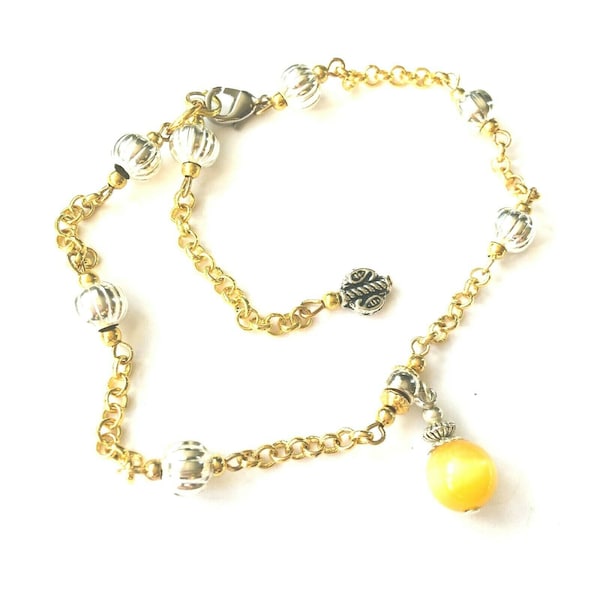 Jaune Cat Eye Glass Bead Silver & Gold Plaqué Chain Anklet Ankle Bracelet Foot Jewellery