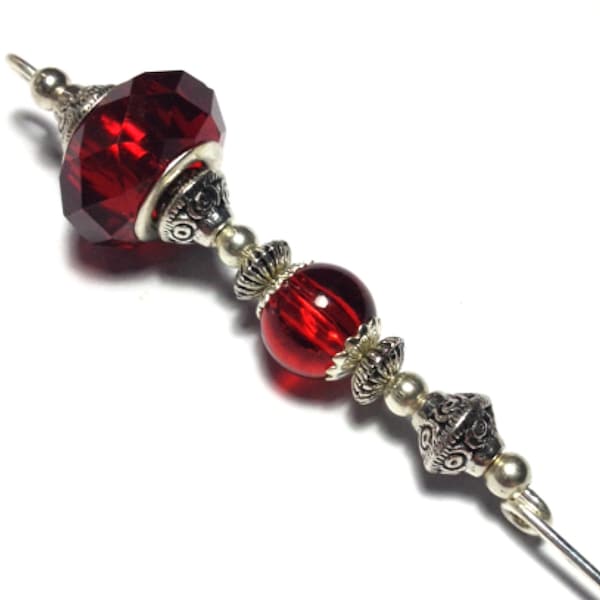 6" Red Glass Bead Hat Pin Vintage Antique Tibetan Silver Style - With Pin Protector (HP3-6)
