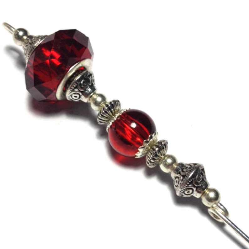 6 Red Glass Bead Hat Pin Vintage Antique Tibetan Silver Style With Pin Protector HP3-6 image 1