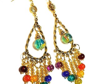 Very Long Gold Chakra Chandelier Glass Bead Rainbow Earrings Pierced Hooks, Leverbacks or Clip-On Non-Pierced