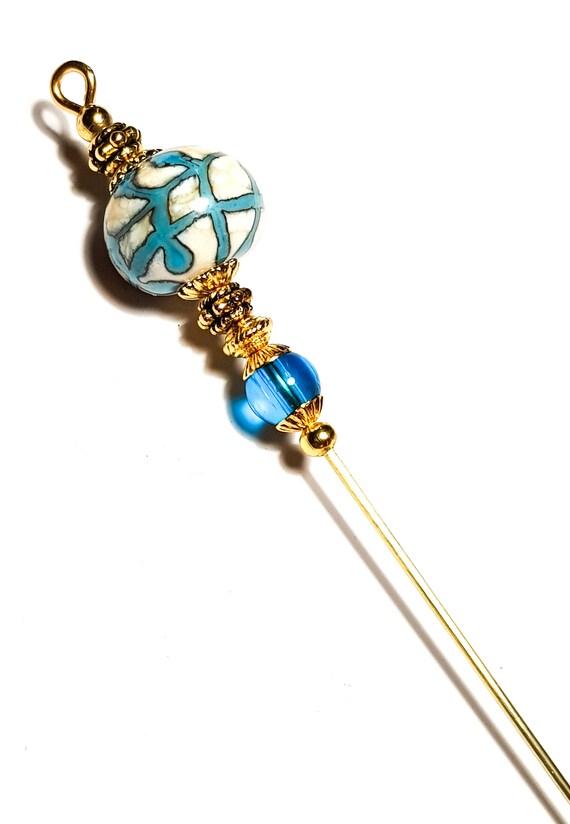 5 Gold Turquoise & Ivory Hatpin Handmade Lampwork Glass Etsy