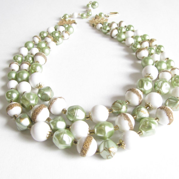 Sage Green Bead Necklace Earring Set - Vintage Japan Signed 3-Strand Sage Green and White Bead Necklace and Earring Set