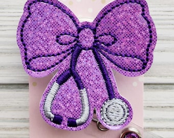 Purple Coquette Bow Badge Reel/Retractable Badge Reel/Nurse Badge Reel/Badge Holder/ID Holder/Badge Reel/Nurse Gift/pink bow/Interchangeable
