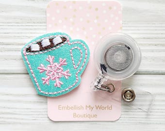 Hot Cocoa Interchangeable Badge Reel Topper/Badge Holder/ID Holder/Badge Reel/Christmas Badge Reel/Nurse/Swappable Badge/Winter/Pink