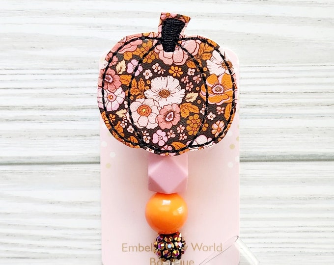 Featured listing image: Beaded Floral Pumpkin Badge Reel/Pumpkin badge/Badge Holder/ID Holder/Badge Reel/Nurse Badge/Nurse Gift/fall badge/Retractable Badge/Retro