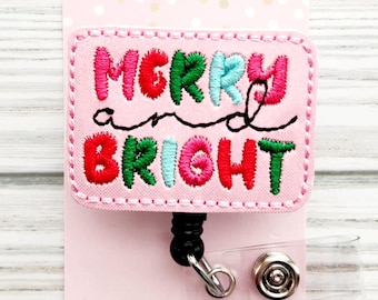 Merry and Bright Christmas Badge Reel/Badge Holder/ID Holder/Badge Reel/Nurse Badge/Nurse Gift/Retractable Badge/Pink Christmas