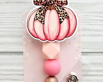 Beaded Pink Pumpkin Badge Reel/Fall badge Reel/Badge Holder/ID Holder/Badge Reel/Nurse Badge/Nurse Gift/Floral/Retractable Badge/Autumn