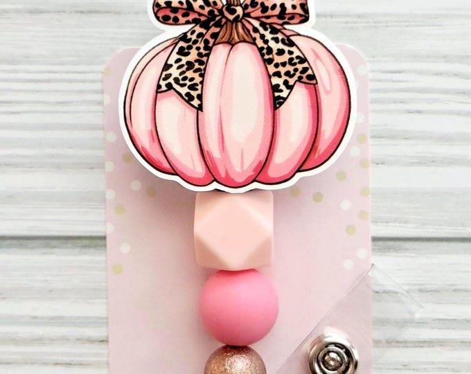 Featured listing image: Beaded Pink Pumpkin Badge Reel/Fall badge Reel/Badge Holder/ID Holder/Badge Reel/Nurse Badge/Nurse Gift/Floral/Retractable Badge/Autumn