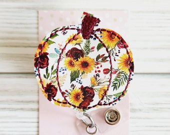 Floral Pumpkin Badge Reel/Pumpkin badge/Badge Holder/ID Holder/Badge Reel/Nurse Badge/Nurse Gift/fall badge/Retractable Badge/Autumn Badge