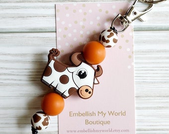Beaded Cow Keychain/Lanyard/Purse Charm/Gift for her/Teacher gift/Keychain for Women/Lobster clasp/Purse Charm/Cow Lanyard
