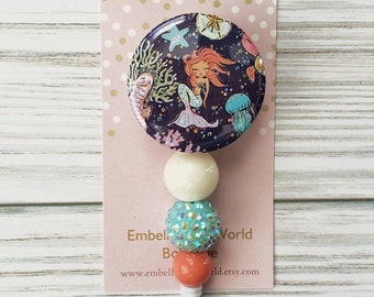Mermaid Badge Reel/Retractable Badge Reel/Nurse Badge Reel/Badge Holder/ID Holder/Badge Reel/Nurse Gift/Summer badge/Sea Life Badge/Seahorse