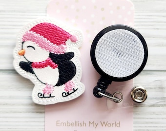 Cute penguin Interchangeable Badge Reel Topper/Badge Holder/ID Holder/Badge Reel/Christmas Badge Reel/Nurse/Swappable Badge/Winter/Pink