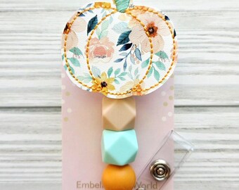 Beaded Floral Pumpkin Badge Reel/Pumpkin badge/Badge Holder/ID Holder/Badge Reel/Nurse Badge/Nurse Gift/fall badge/Retractable Badge/Retro