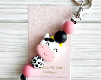 Beaded Cow Keychain/Lanyard/Purse Charm/Key Fob/Gift for her/Teacher gift/Accessories/Lobster clasp/Purse Charm/Bag Charm/Cow Lanyard
