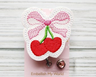 Coquette Badge Reel/Bow and Cherries/Retractable Badge Reel/Nurse Badge Reel/Badge Holder/ID Holder/Badge Reel/Nurse Gift/Interchangeable