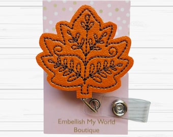 Orange Fall Leaf Badge Reel/Retractable Badge Reel/Nurse Badge Reel/Badge Holder/ID Holder/Badge Reel/Nurse Gift/Autumn/Interchangeable